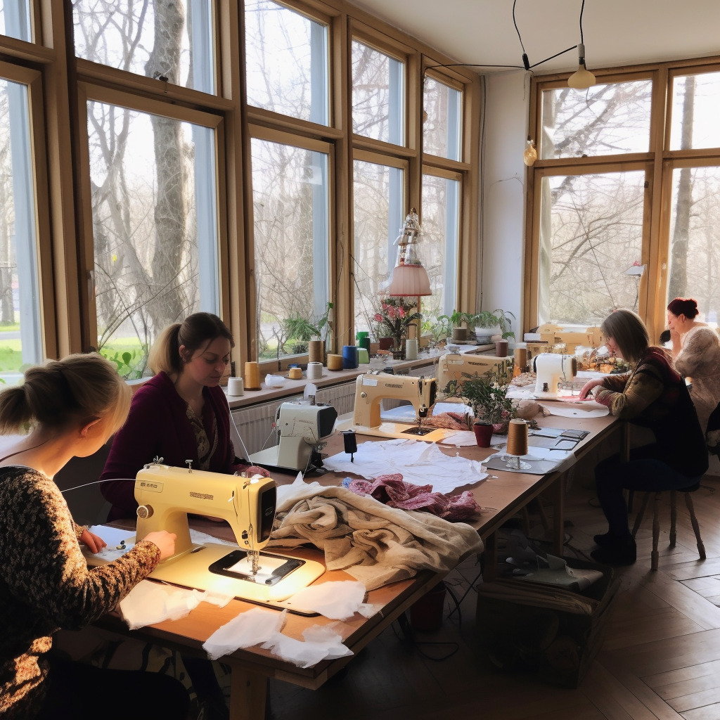 **women using sewing machine in a beautiful sewing workshop for spring --repeat 10 --v 5.1** - Image #3